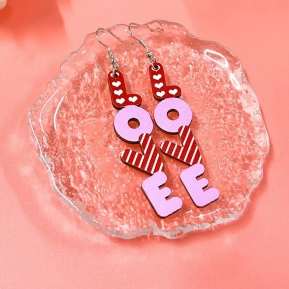 Valentines‎ Day Jewelry Love Heart Letters Womens Dangle Wooden Earrings